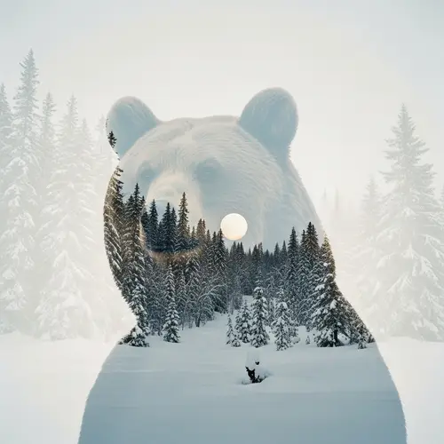 Surreal Bear Portrait Double Exposure in Snowy Landscape