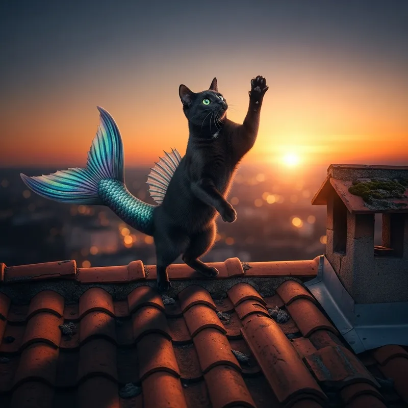 Cat with Fish Tail on Rooftop - Playful Feline Image
