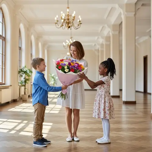 Children Surprising Mom with Multicoloured Flowers | Heartwarming Scene