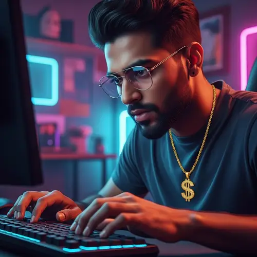 Hyper-Realistic Mahadev Gamer with Gold Dollar Necklace Playing Computer Games