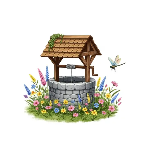 Detailed Old Wishing Well Surrounded by Wildflowers