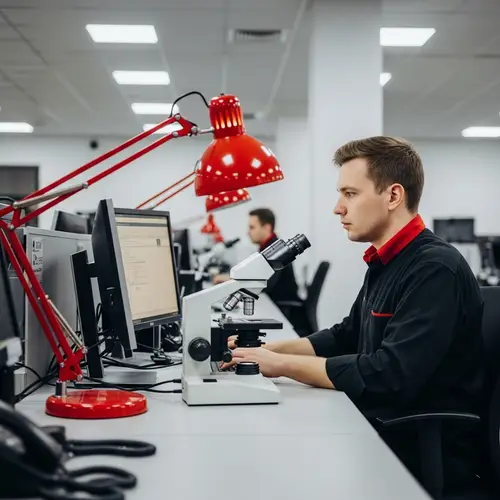 Caucasian Computer Technician in Black Shirt at Service Center