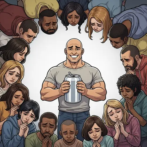 Diversity Embraced: Smiling Bald Man Amidst Melancholic Crowd