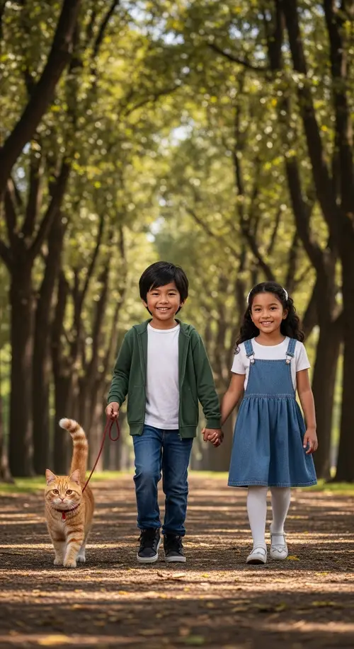 Realistic Portrait of Two 12-Year-Olds and a Cat in a Park
