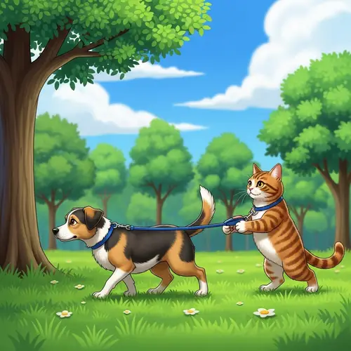 Cat Leading Dog on Leash in Green Park