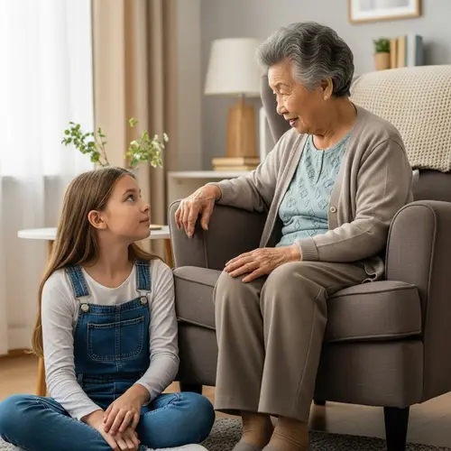 Intergenerational Conversation in Cozy Living Room - Heartwarming Exchange