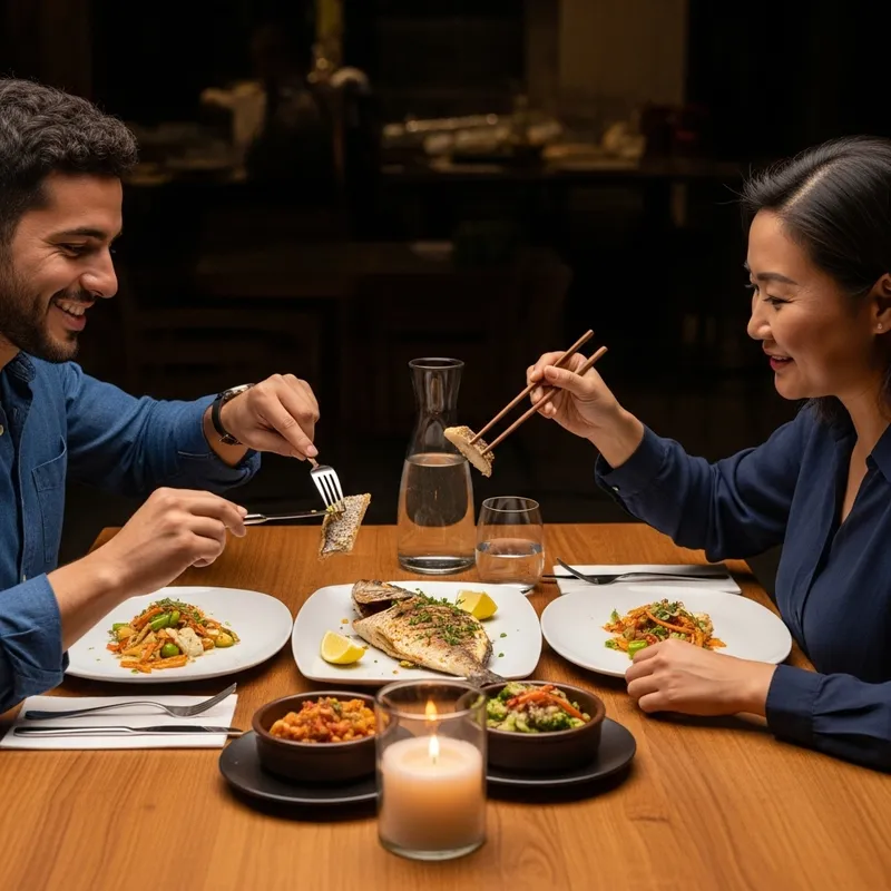 Intimate Meal Scene: Couple Sharing a Delicious Fish Dish Intimate Meal Scene: Couple Sharing a Delicious Fish Dish