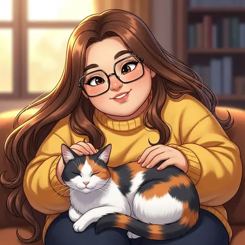 Plump Asian Girl with Square Glasses and Calico Cat