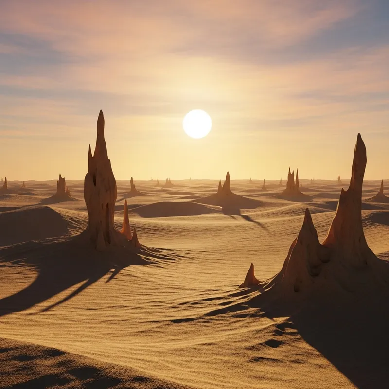 Abstract Desert Landscape: Golden Sand Dunes and Surreal Formations