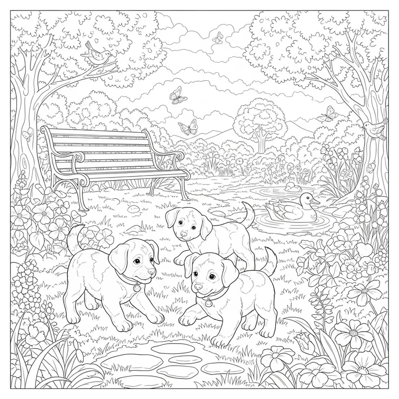 Coloring Book: Playful Puppies in Flower Garden Coloring Book: Playful Puppies in Flower Garden