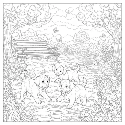 Playful Puppies Coloring Scene with Toys in Flower Garden