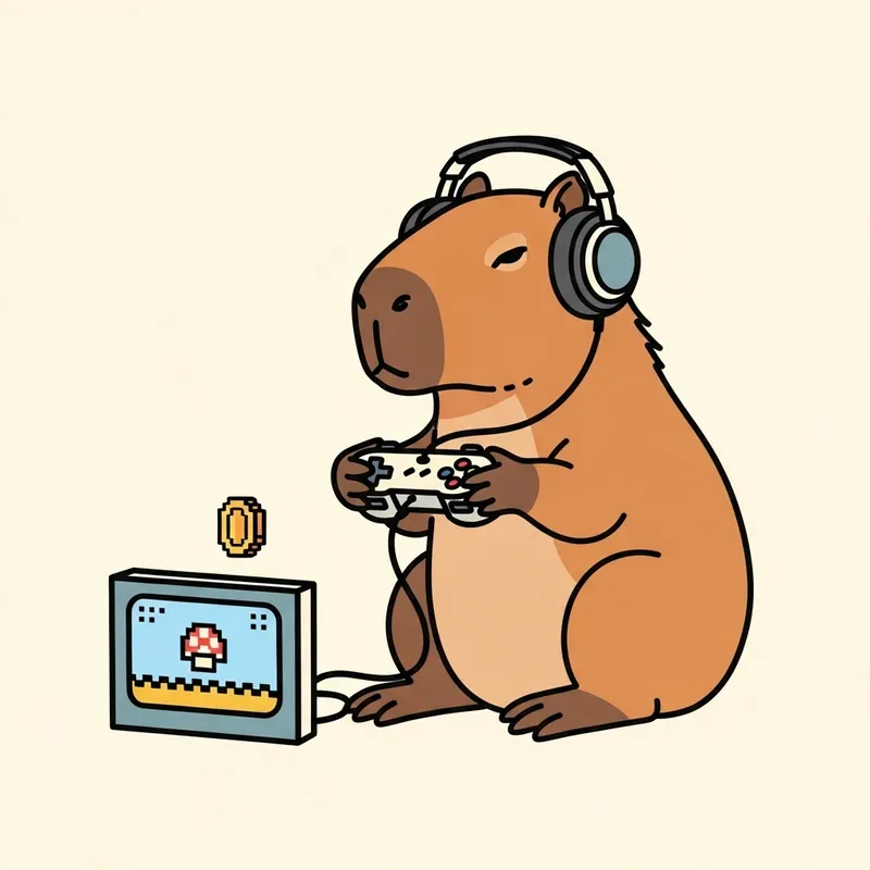Playful Capybara in Retro Style with Game Controller and Headphones