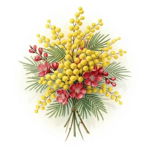 Romantic Mimosa and Red Flowers Bouquet - Spring Botanical Painting