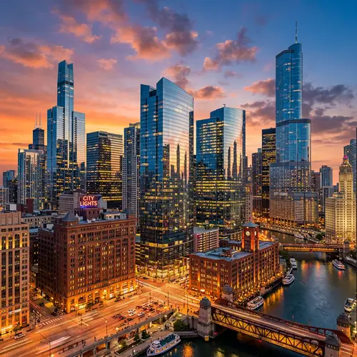 Modern Cityscape: Glass Skyscrapers Reflecting City Lights