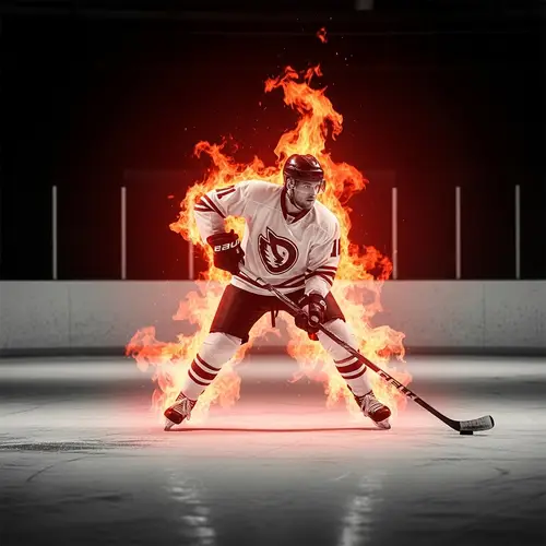 Intense Hockey Player Surrounded by Glowing Flames | Sports Photography