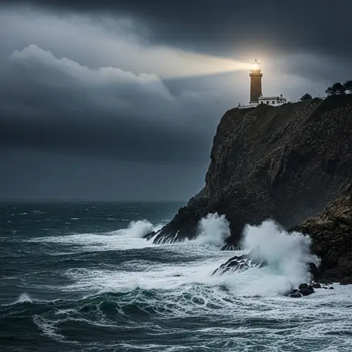 Vintage Lighthouse on Majestic Cliff | Stormy Seascape