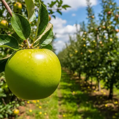 Vibrant Green Apple on Orchard Background - Hyper Real Photo