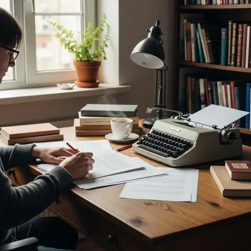 Professional Manuscript Editor at Work | Typewriter Desk Scene