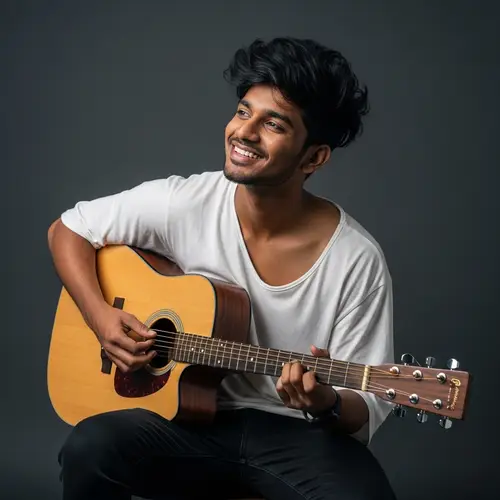 South Asian Musician with Guitar | Smiling Young Artist