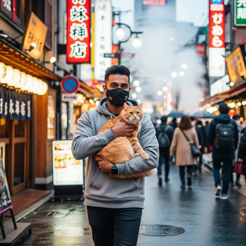 South Asian Male Walking in Tokyo with Cute Cat