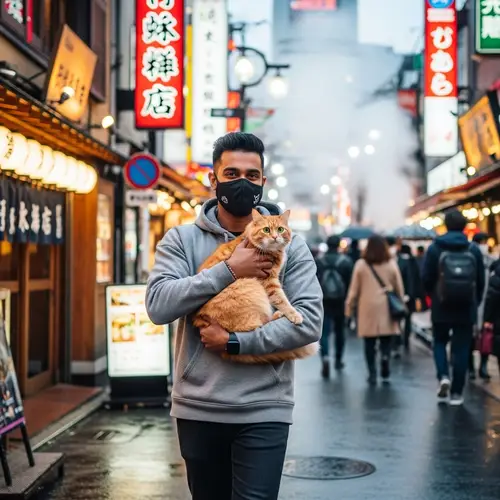 South Asian Male in Tokyo with Black Mask & Playful Cat