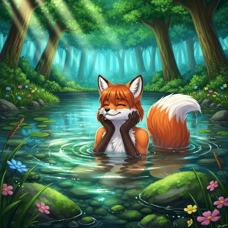 Vibrant Fox Girl Bathing in Enchanted Forest Lake