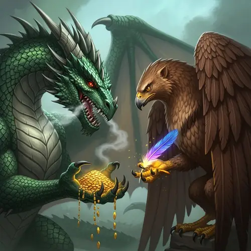 Powerful Dragon and Griffon Trade Scene | Fantasy Creatures Exchange Goods