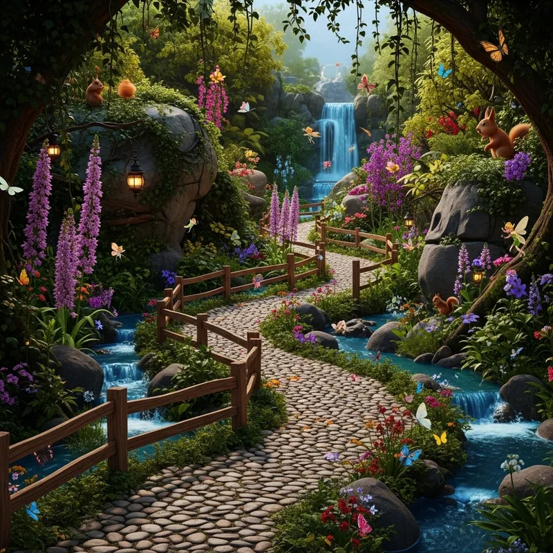 Enchanted Jungle Path with Fairies, Butterflies, and Magical Flora