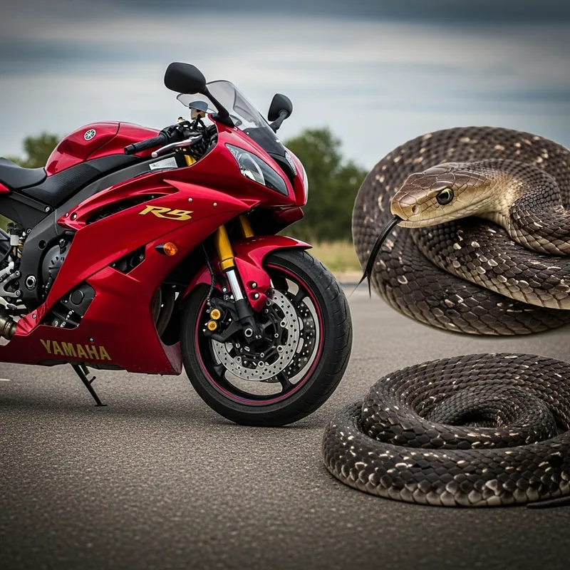 Red Yamaha R6 Motorcycle with Black Mamba Snake - Captivating Duo