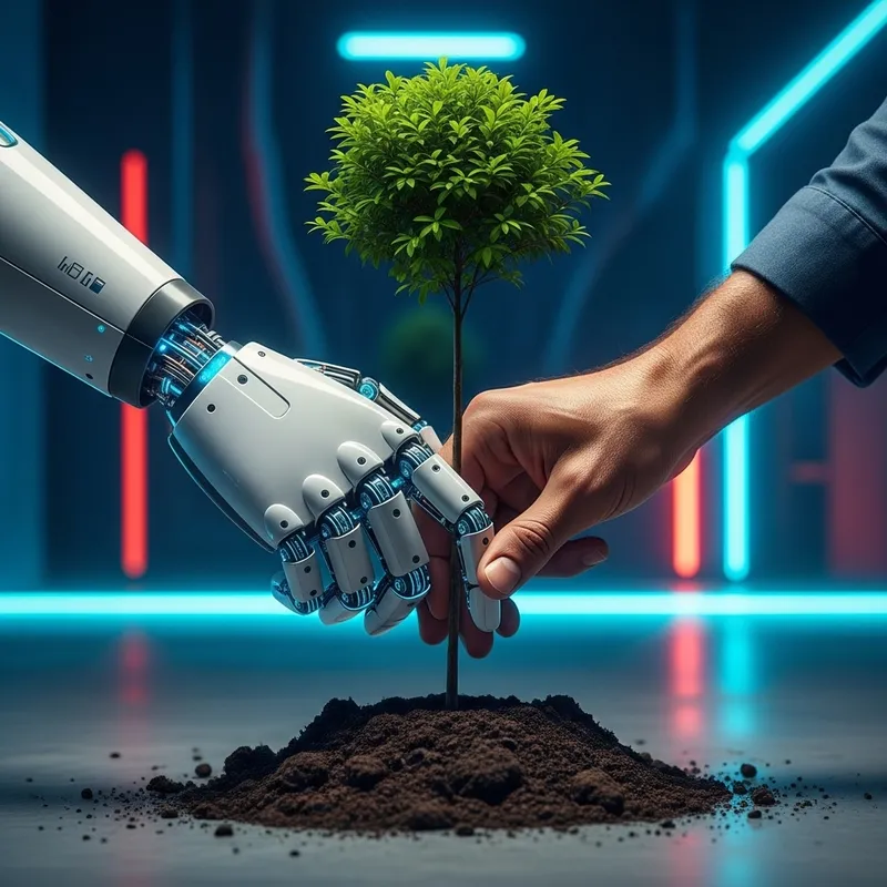 Joining Forces: Human and Technology Combat Climate Crisis with Neon-Futuristic Tree Planting