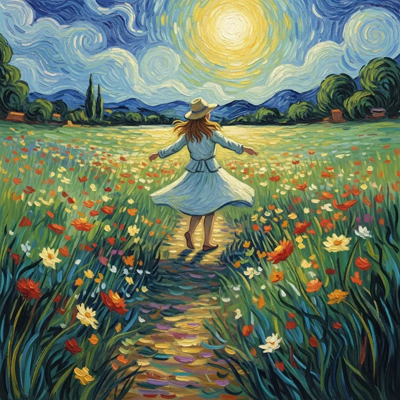 Solitary Figure in Blossoming Wildflowers | Vibrant Art in Van Gogh Style