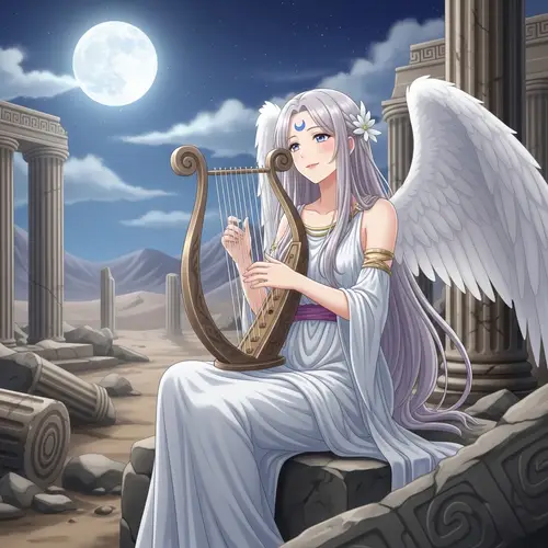 Anime Style Woman Playing Harp Under Full Moon | Elegant Ethereal Scene