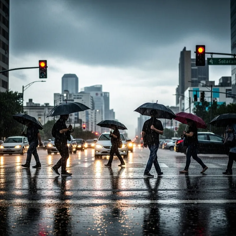 Rainy Day Scene: People with Umbrellas in the City Rain