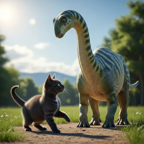 Playful Kitten Meets Gentle Dinosaur in a Verdant Landscape