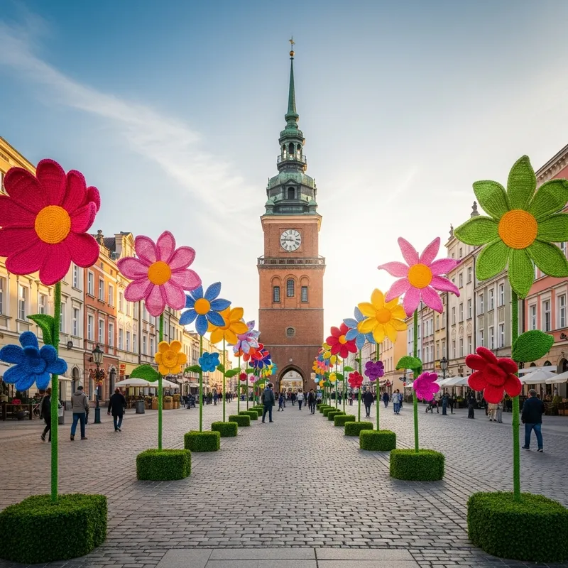 Colorful Knitted Flowers at Rynek Lazarski, Poznan