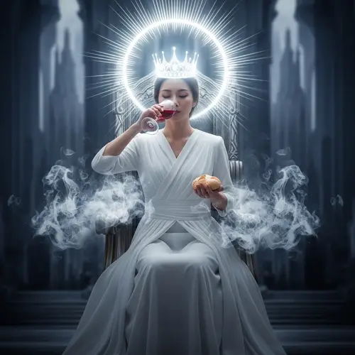 Radiant Asian Woman on Throne in Grand City | New Jerusalem Scene