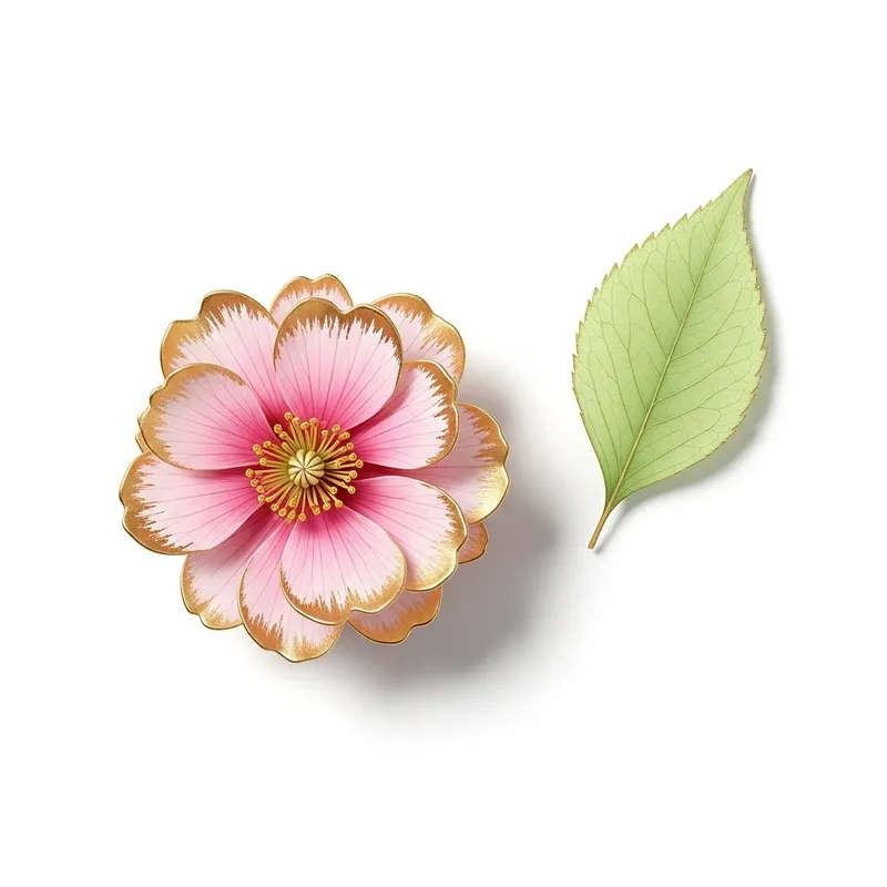 Minimalistic Still Life with Delicate Pink Flower and Green Leaf