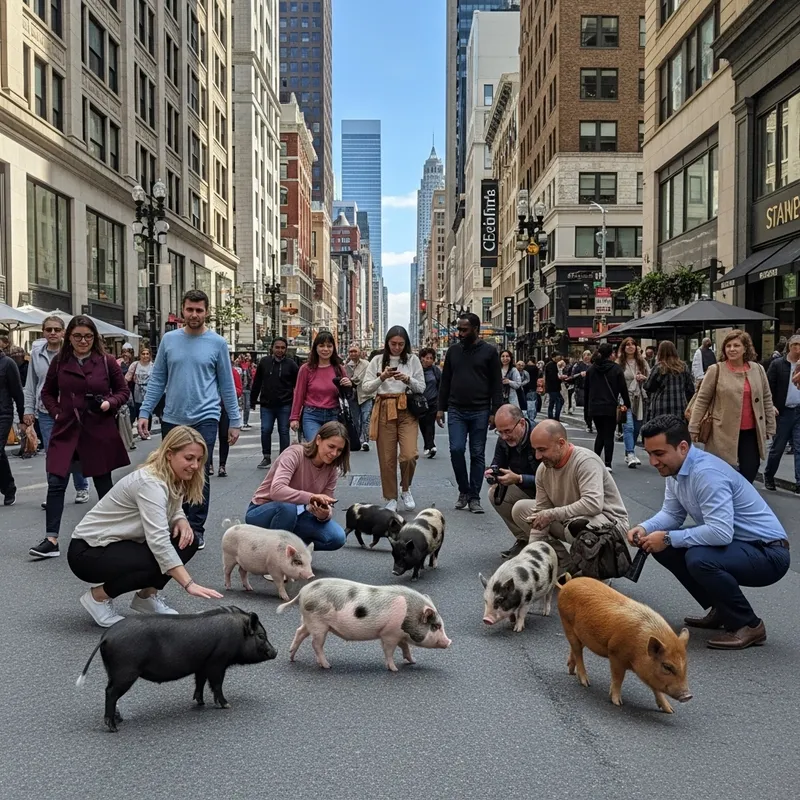 Mini Pigs and People in City Setting