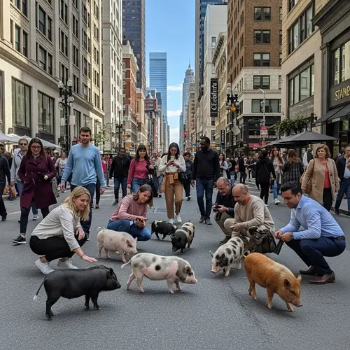 Bustling Multicultural City Scene with Mini Pigs in Daytime