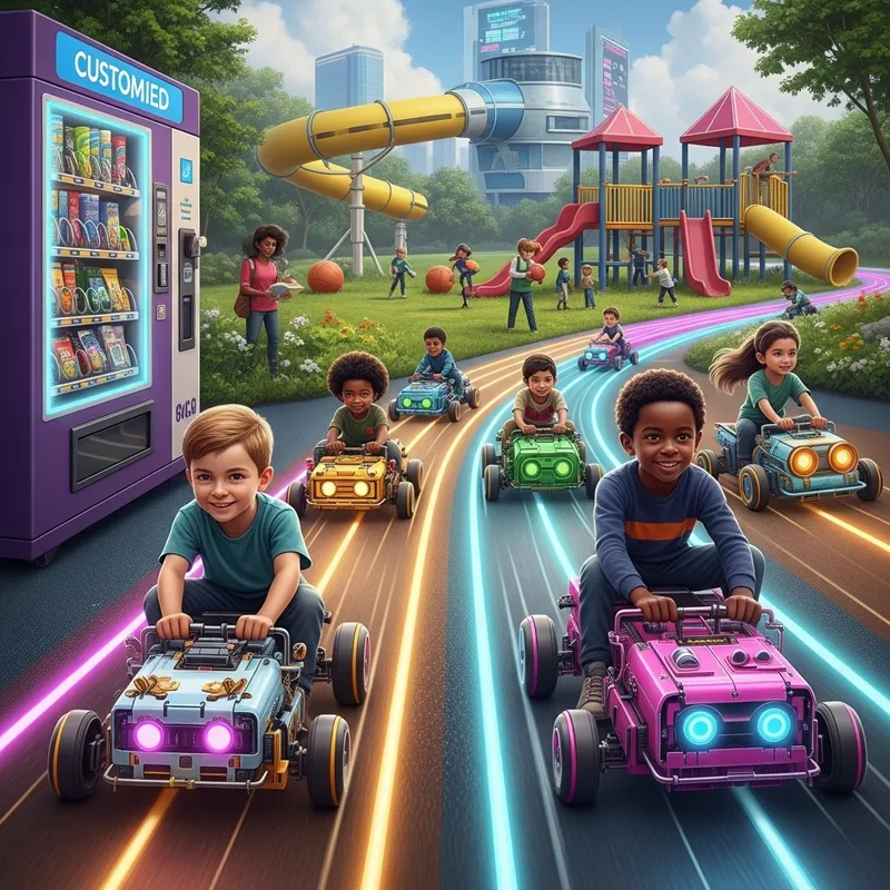 Diverse Children Racing Custom Robotic Pets in Futuristic Park