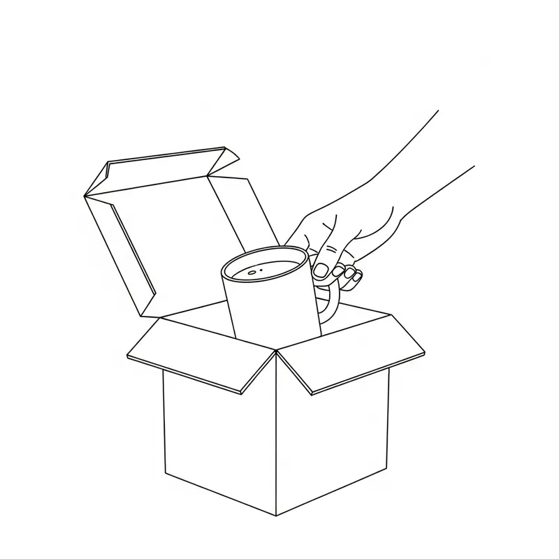 Minimalist 2D Drawing of Hand Pulling Out Mug from Opened Box