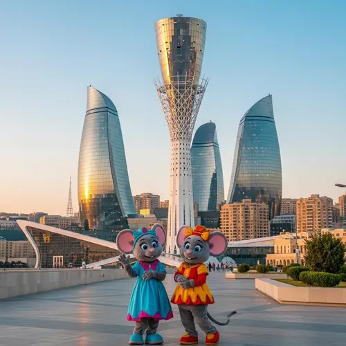 Mickey and Minnie Mouse Near Flame Towers in Baku | Whimsical Disney Scene
