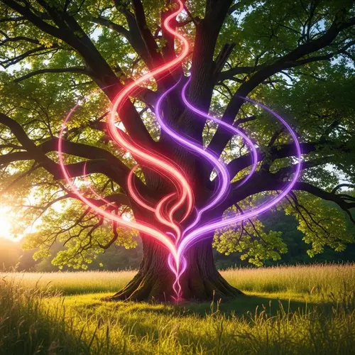 Majestic Tree with Vibrant Swirling Aura of Kindness and Compassion