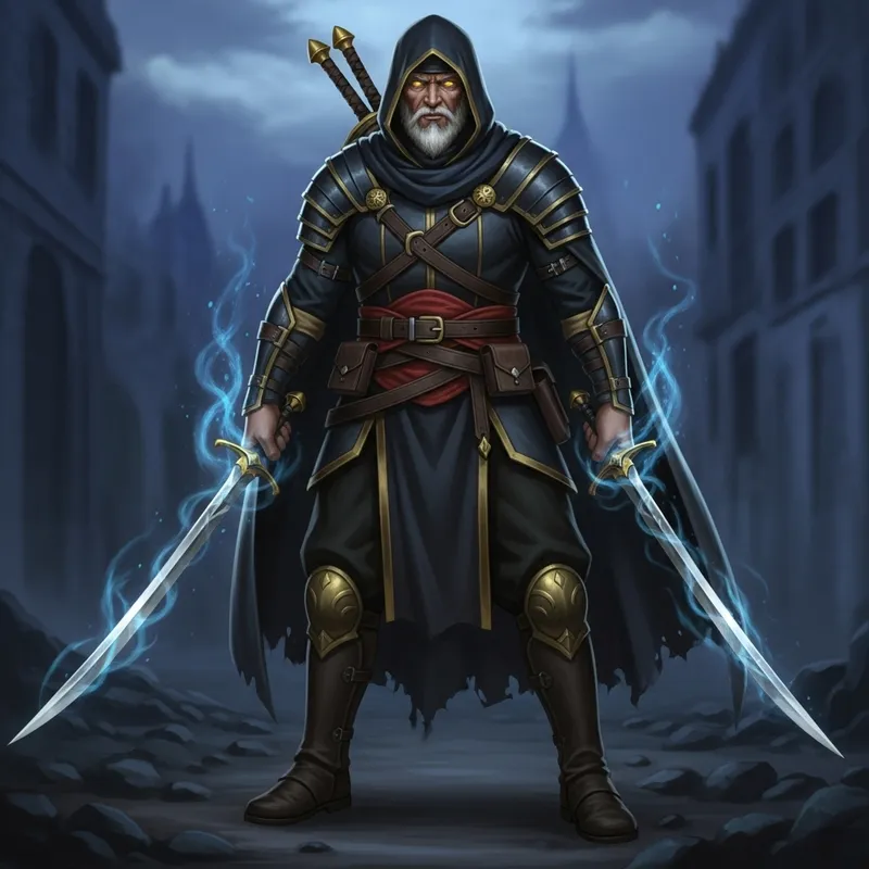 Stoic Monster Hunter with Yellow Eyes | Dual Swords & Magic