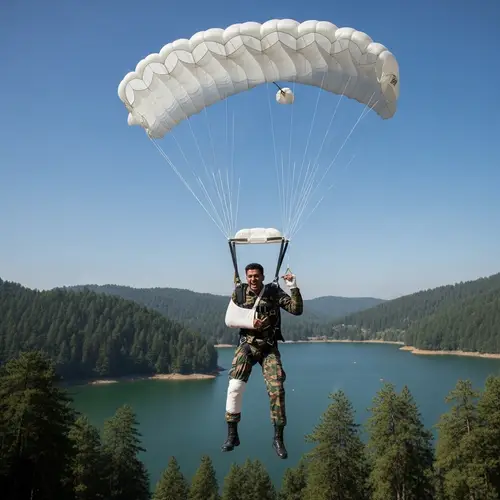 Injured Military Man Parachutes into Lake - Dramatic Scene