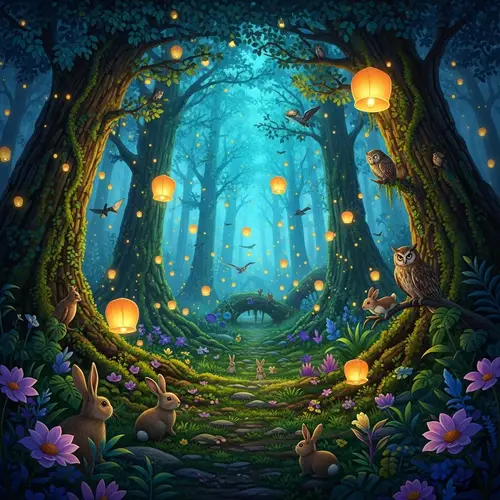Mystical Forest with Floating Lanterns | Enchanting Atmosphere