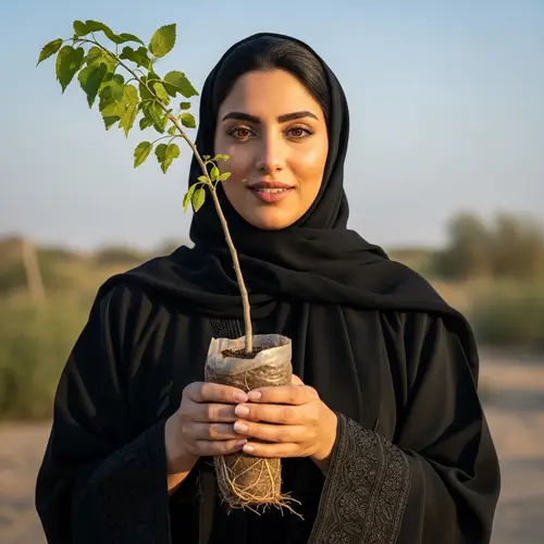 Qatari Woman Protecting Environment with Young Deciduous Tree