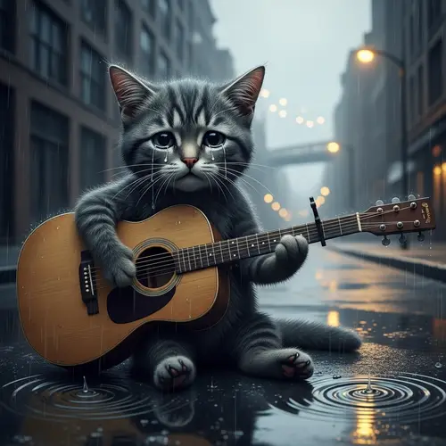 Melancholic Cat Playing Guitar in Rain | Urban Street Scene