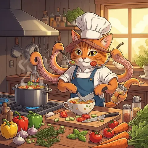 Octopus Cat Cooking: Animated Illustration in Cozy Kitchen
