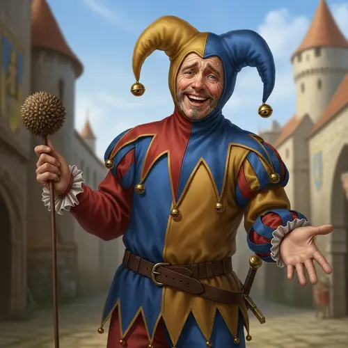 Middle-Aged Jester in Traditional Attire Performing In Medieval Setting